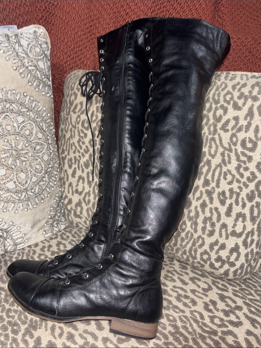 Otk faux leather full lace up flat boots black punk goth thigh high boots 9